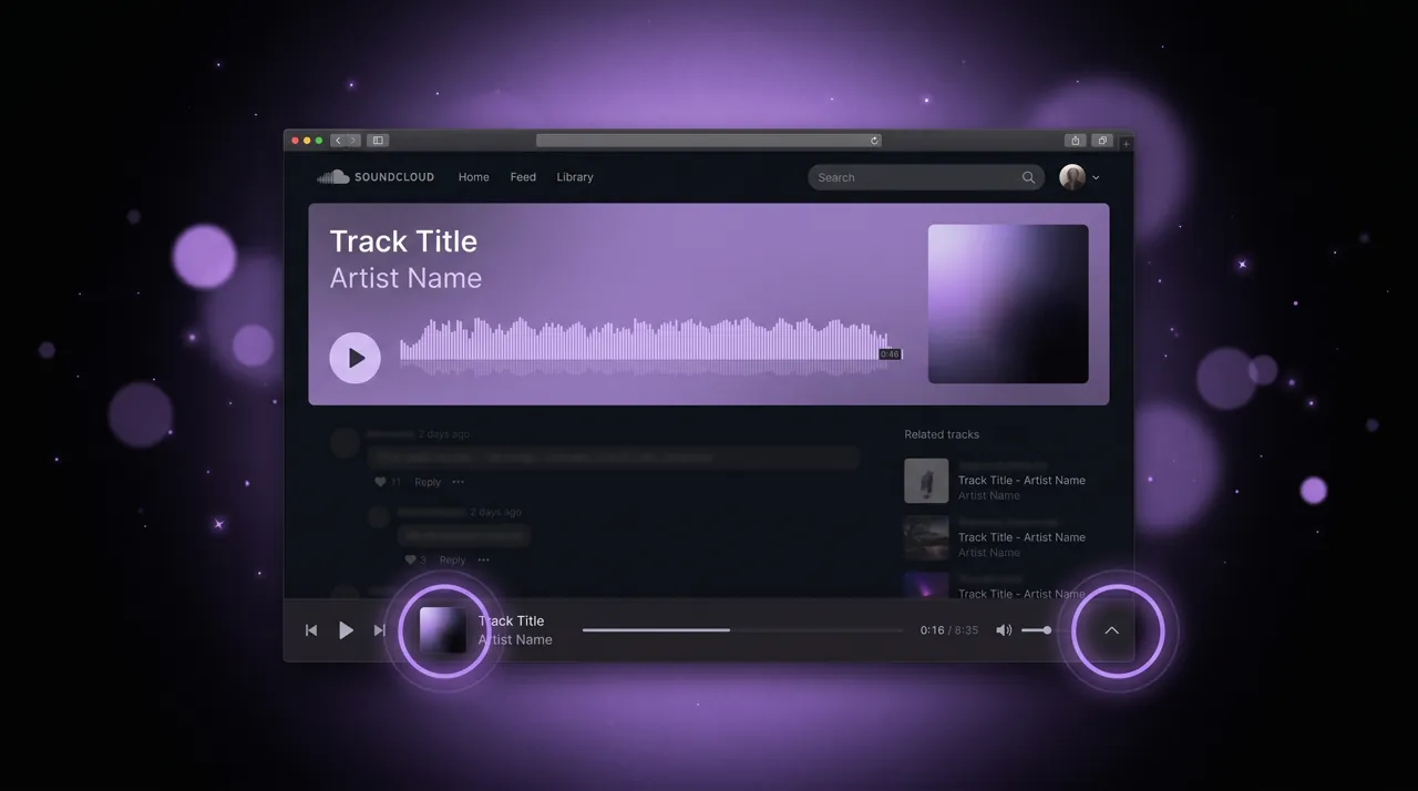 A SoundCloud track playing — click the cover thumbnail or the chevron at the bottom right